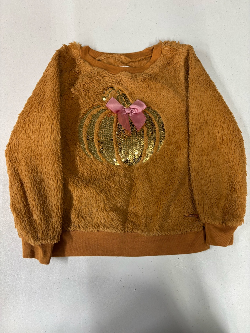 Tahari Girls' Pumpkin Sequin Fuzzy Sweatshirt in Rust with Pink Bow